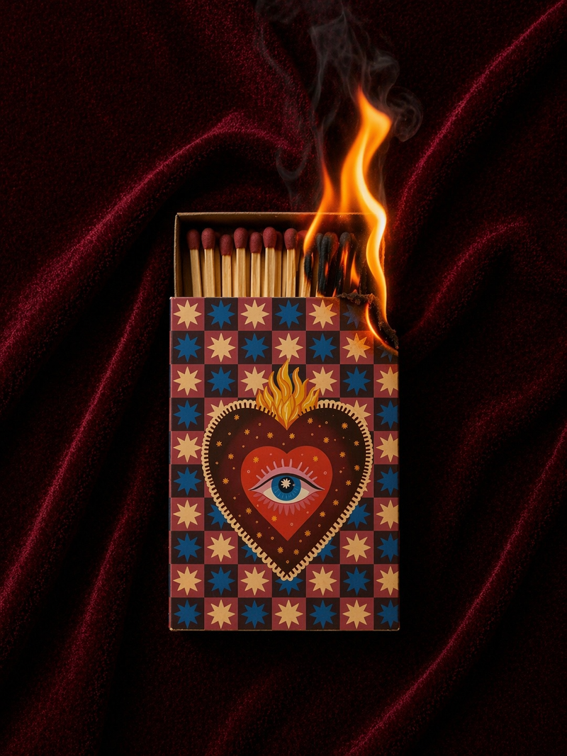 Flaming match above a patterned Miss Sparkle matchbox