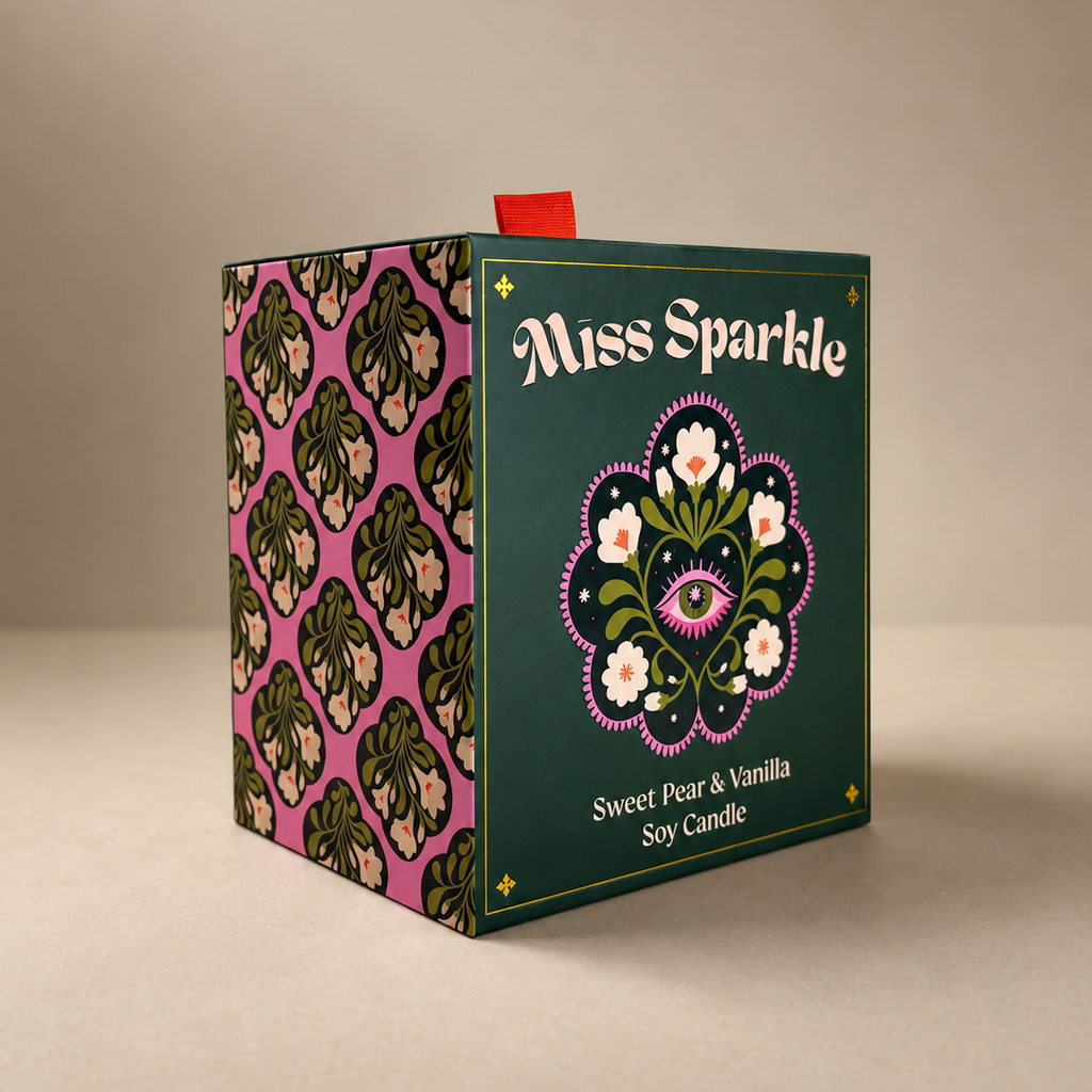 Miss Sparkle candle presentation box with green and pink patterned sides