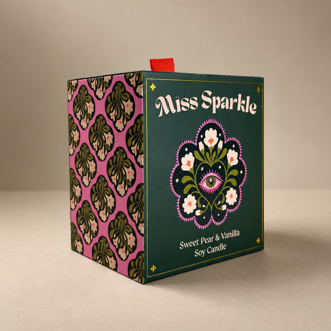 Miss Sparkle candle presentation box with green and pink patterned sides